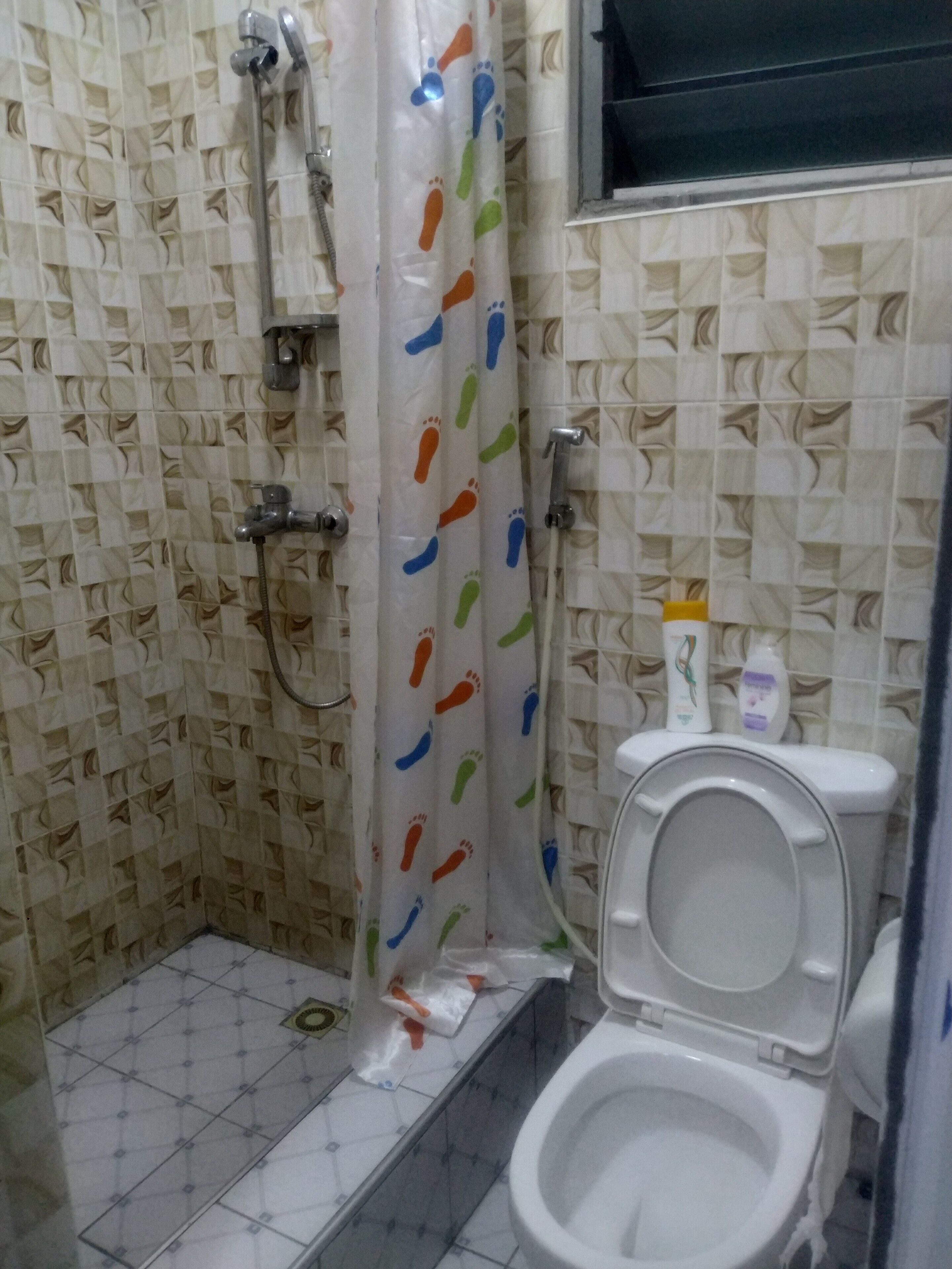 Shower, towels, soap, toilet paper