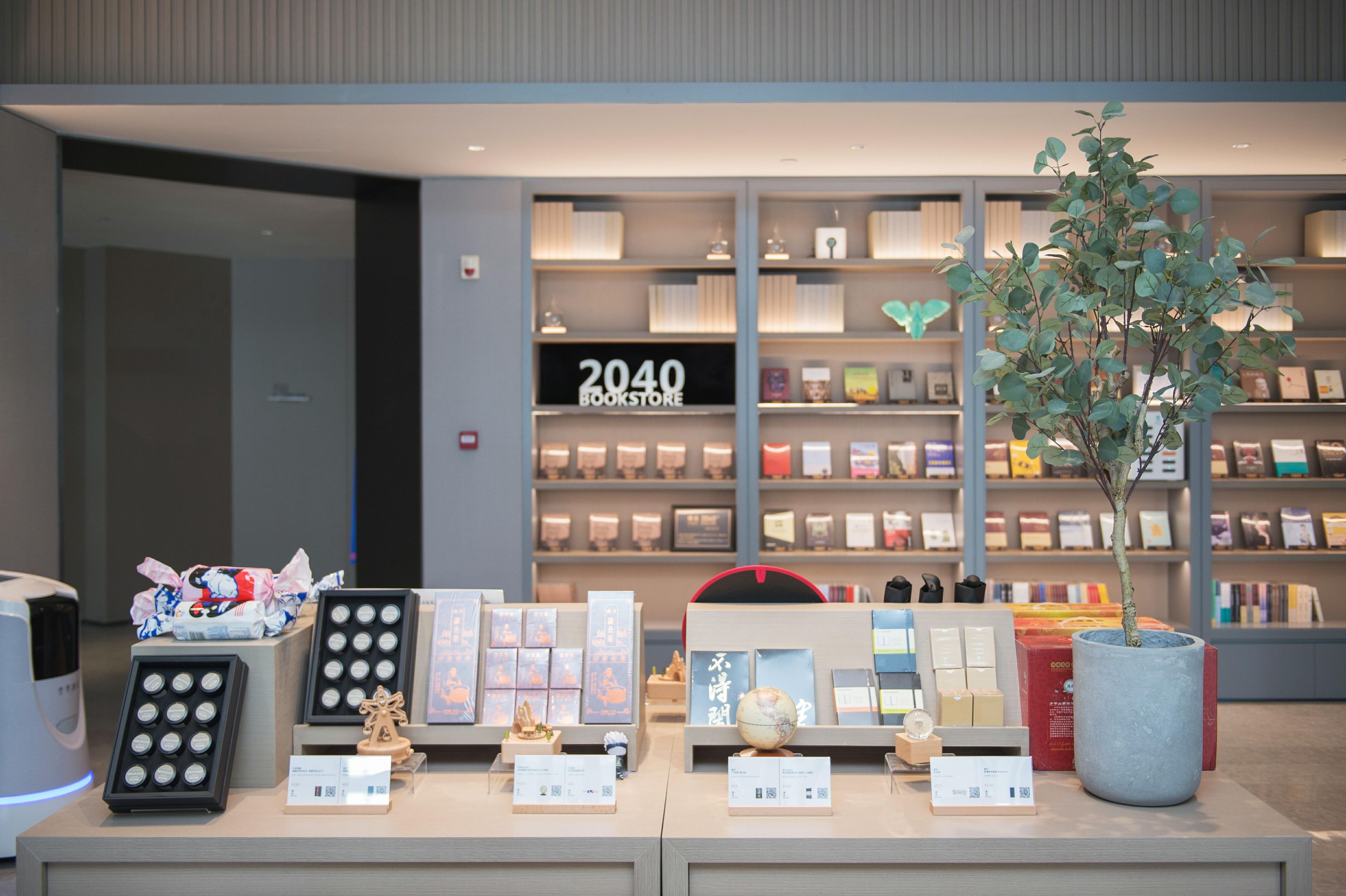 A bookstore with shelves of books and a display of various items.