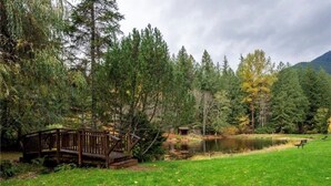 A wooden bridge, a pond, and a forested area with a bench.