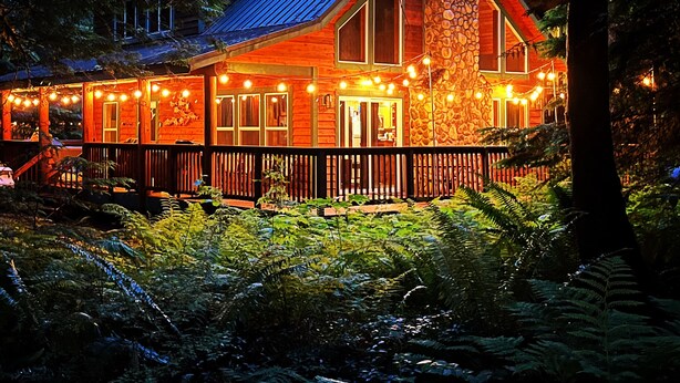 A wooden cabin with a stone chimney, surrounded by dense forest.