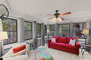 Smart TV, fireplace, DVD player, books