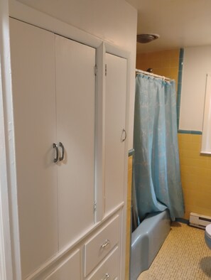 Combined shower/tub, hair dryer, towels, soap