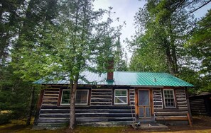 Une cabane en rondins surmontée d’un toit en métal vert, entourée d’une forêt dense.