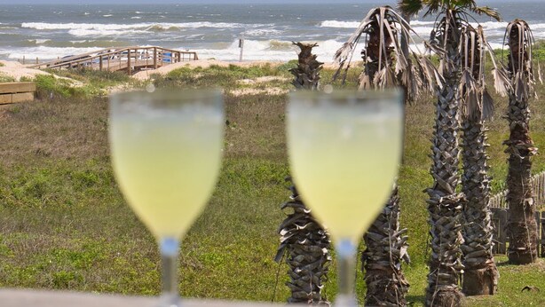 Deux verres de vin blanc sur une table, avec vue sur l’océan et les palmiers.