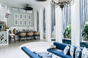 Villa, 3 Bedrooms | Living room | 42-inch LED TV with digital channels, TV, Netflix - OriVista Stylish 3BR Villa Muzo in Seminyak, Pool, Wifi, Beach (Seminyak)