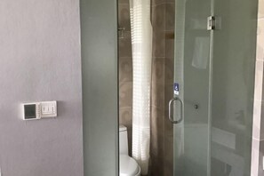 Un baño con inodoro, ducha con puerta de vidrio y panel de control en la pared.