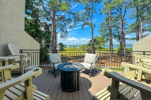 Terrace/patio - Spacious waterview haven with decks, firepit, AC, WiFi, pool - walk to beach (Hilton Head)