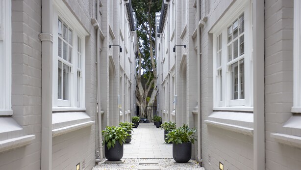 A narrow, white-brick corridor with evenly spaced potted plants and a central pathway. - Mulwarree Avenue Apartments by Urban Rest (Randwick)
