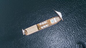 Vista aérea de un barco con distribución de cubierta que incluye una piscina, múltiples cabinas y un comedor.