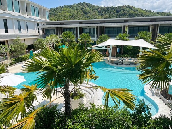 Indoor pool, outdoor pool, sun loungers