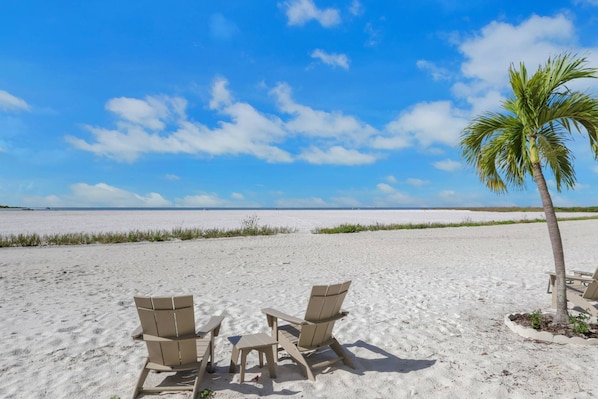 Une plage avec deux chaises Adirondack et une petite table, un palmier et un ciel bleu clair.