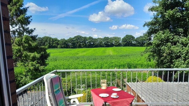 A balcony with a table set for two, a chair, and a view of a green field. - Vacation apartment Berta 25508 - Holiday apartment Berta, 25508 (Weener)
