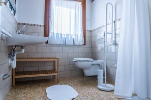 Shower, hair dryer, bidet, towels