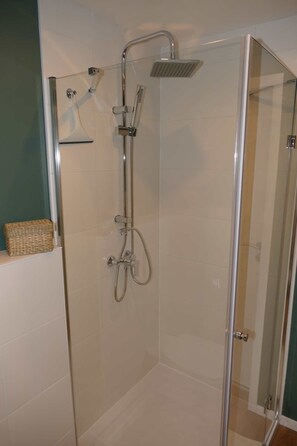 Shower, hair dryer, towels, soap