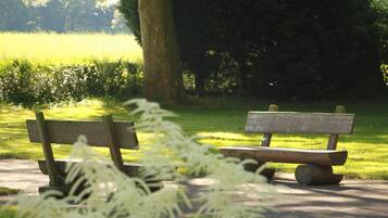 Zwei hölzerne Parkbänke auf einem gepflasterten Weg, im Hintergrund Gras und Bäume.