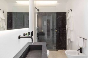 Shower, hair dryer, bidet, towels