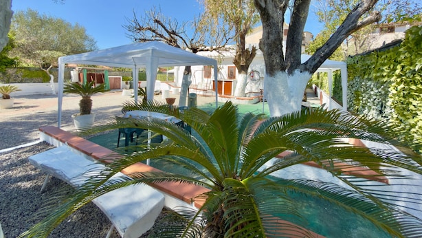 Un espacio al aire libre cubierto con un porche blanco, un árbol grande y una piscina pequeña.