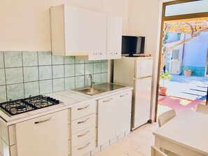 Fridge, stovetop, cookware/dishes/utensils