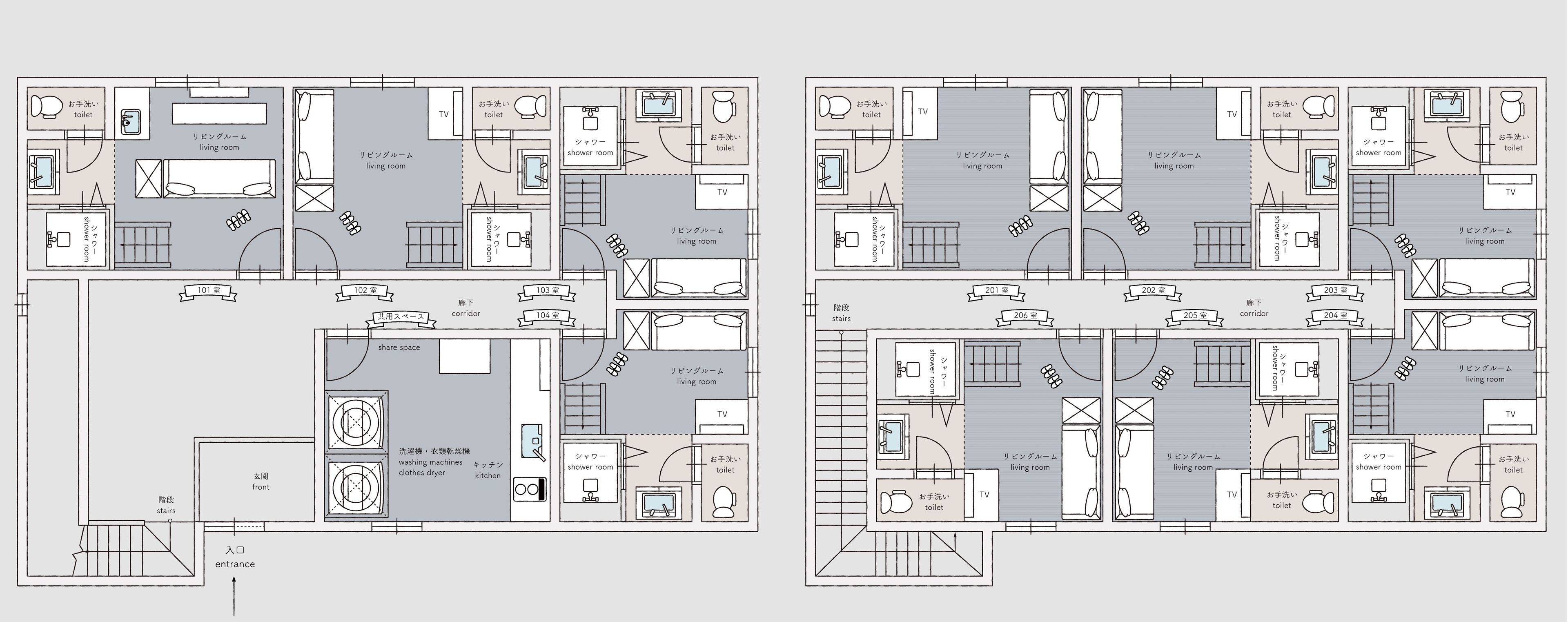 Een plattegrond van een hotel met meerdere woonkamers, badkamers, een keuken en een gedeelte met wasmachines en een droger.