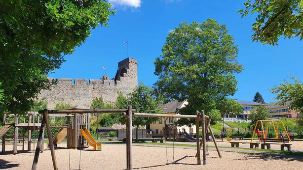 Un terrain de jeux avec des balançoires et des toboggans, entouré d’arbres et avec un château en arrière-plan.