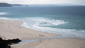 Uma praia com pessoas caminhando e cães na areia, e o oceano ao fundo.
