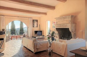 Smart TV, fireplace, DVD player, stereo