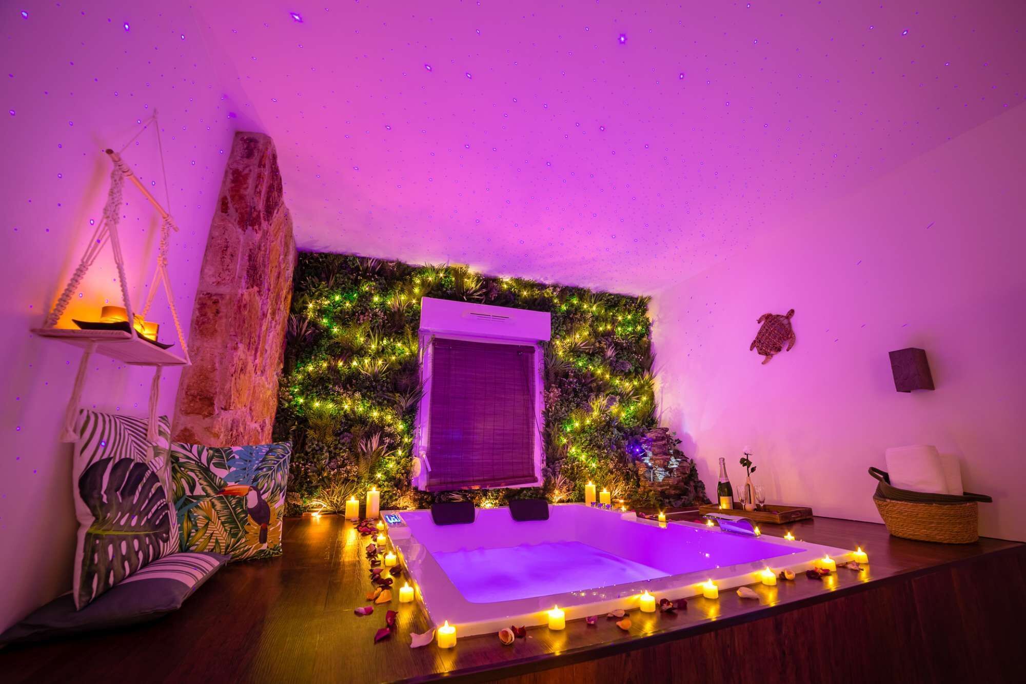 A spa room with a large bathtub, a wall-mounted air conditioner, and a decorative wall with plants and lights.