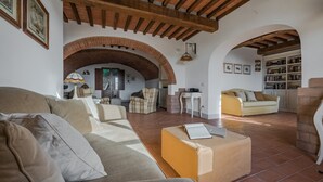 Un'ampia zona giorno con divano, poltrone e tavolino. È presente un camino, una libreria e un'area pranzo con tavolo e sedie.