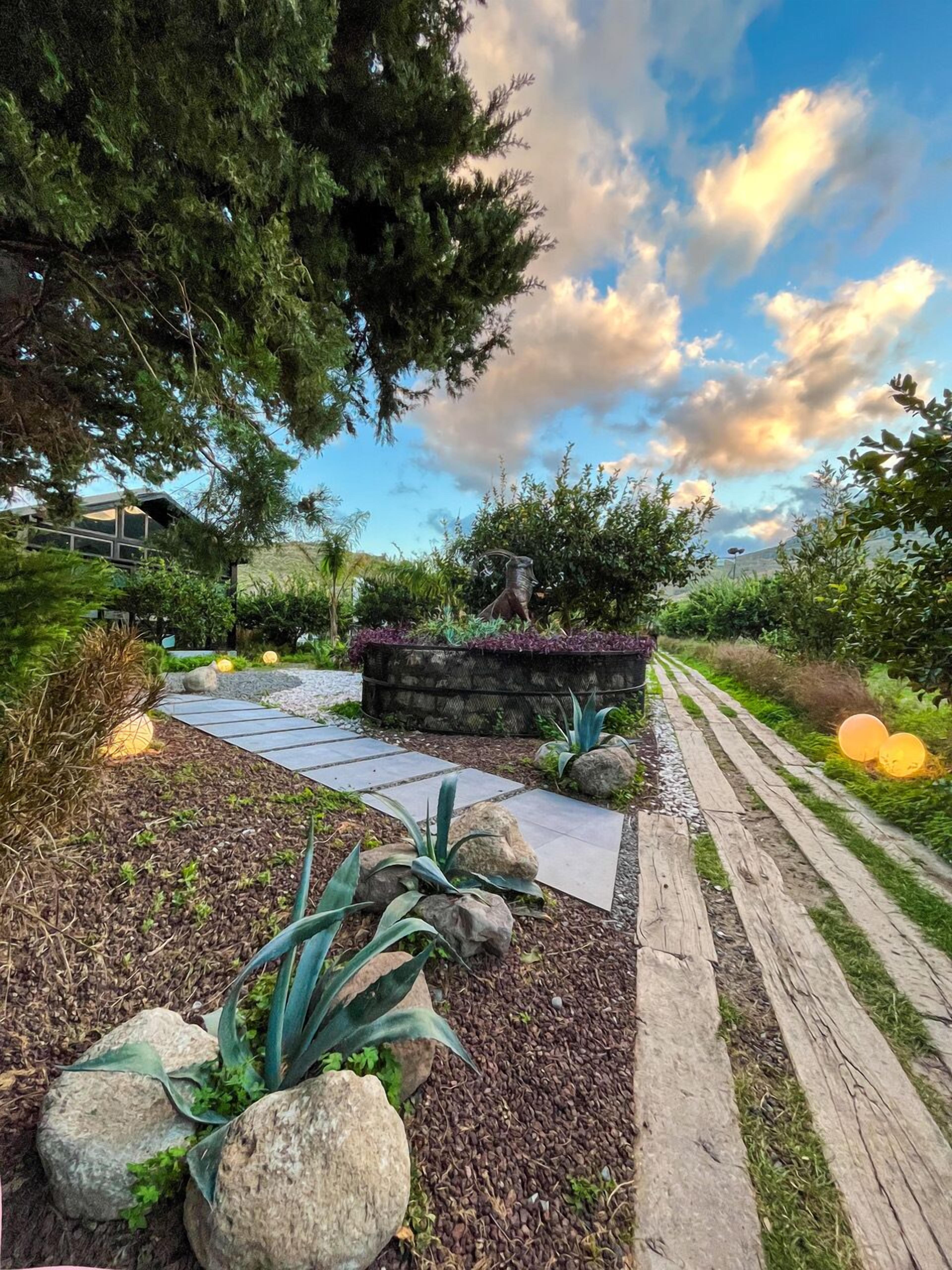 A landscaped garden with a stone pathway, large rocks, and various plants.