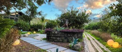 A landscaped garden with a stone pathway, large rocks, and various plants.