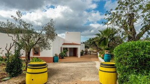 Une cour avec un bâtiment blanc, deux barils jaunes et de la verdure tout autour.