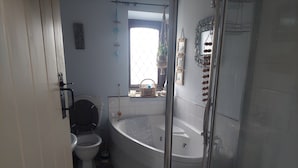 Un bagno con il water, una vasca e una doccia.