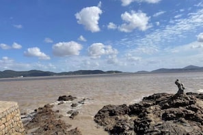 Una costa rocosa con una estatua, cielo despejado y colinas al fondo.