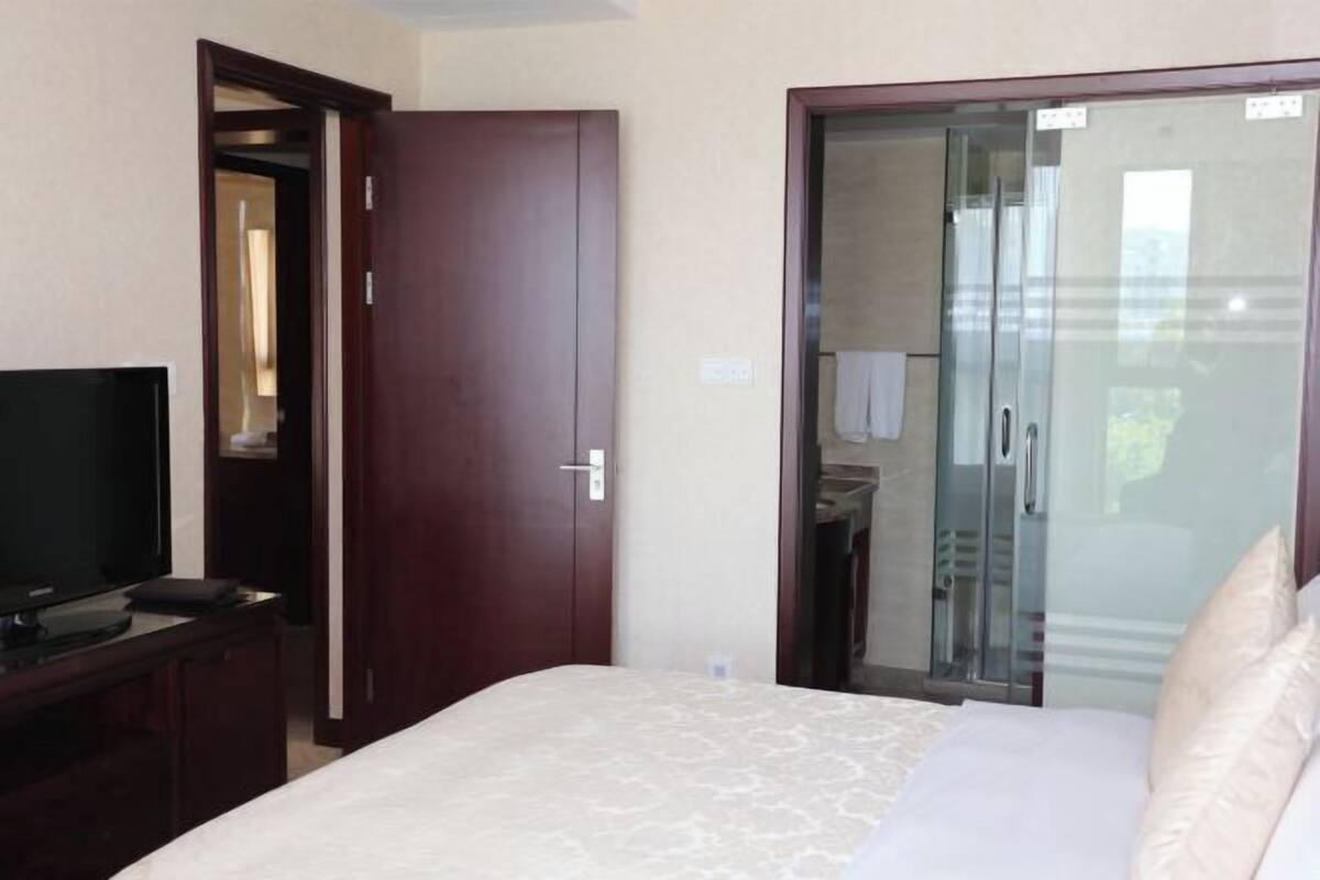 Habitación de hotel con una cama, televisión sobre un mueble, armario y puerta corredera de vidrio que da a un baño.