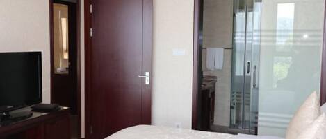 A hotel room with a bed, a television on a wooden dresser, a wardrobe, and a sliding glass door leading to a bathroom.