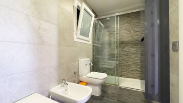 Combined shower/tub, hair dryer, bidet, towels