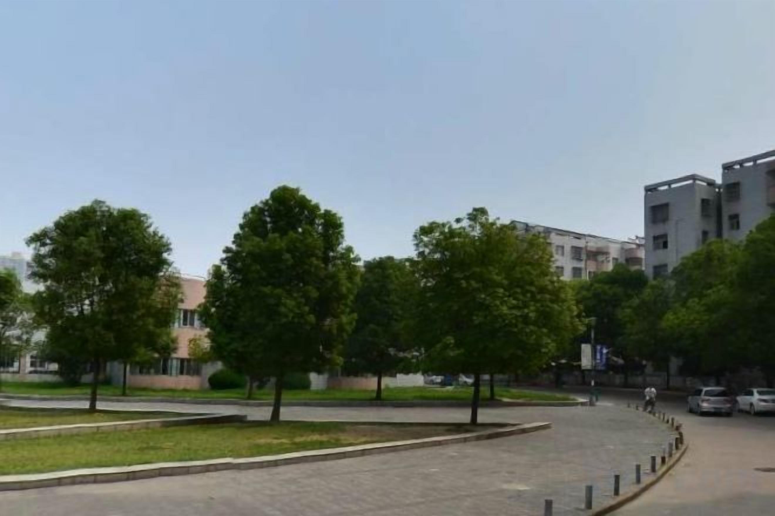 A paved pathway with trees and a building in the background.