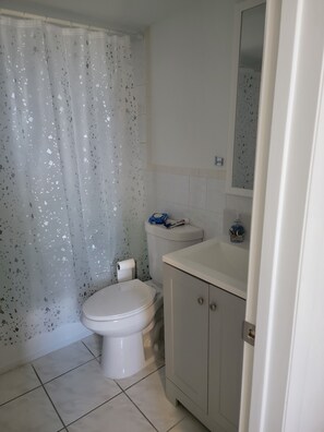 A bathroom with a toilet, a shower curtain, a sink, and a mirror.
