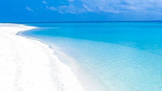 Una spiaggia con acque cristalline turchesi e sabbia bianca.