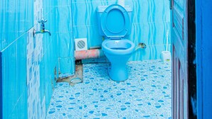 A bathroom with a blue color scheme, a toilet, a shower, and a window with a view.