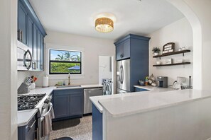 A modern kitchen with a large island, built-in appliances, and a view through the window.