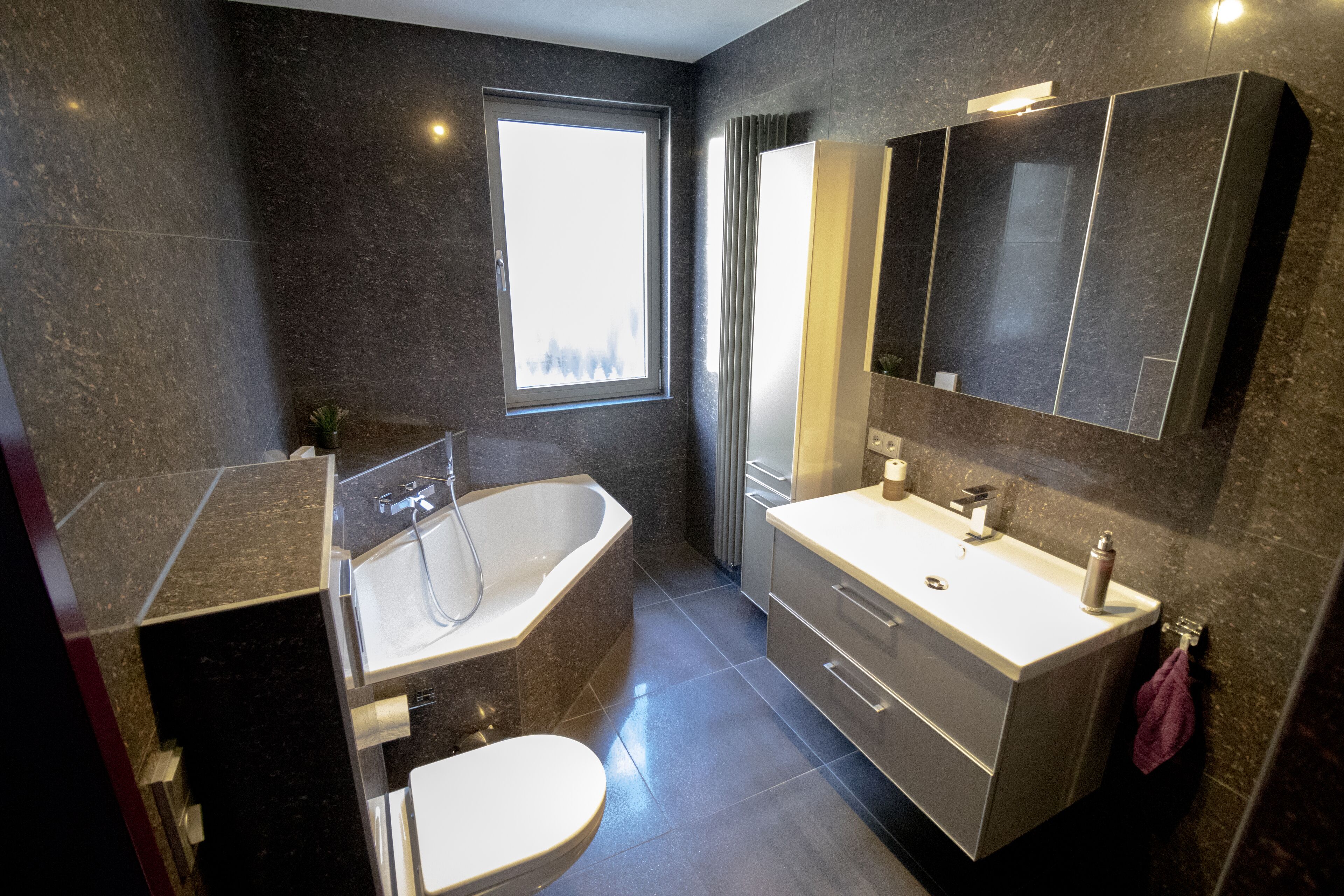 Bathtub, hair dryer, towels, soap