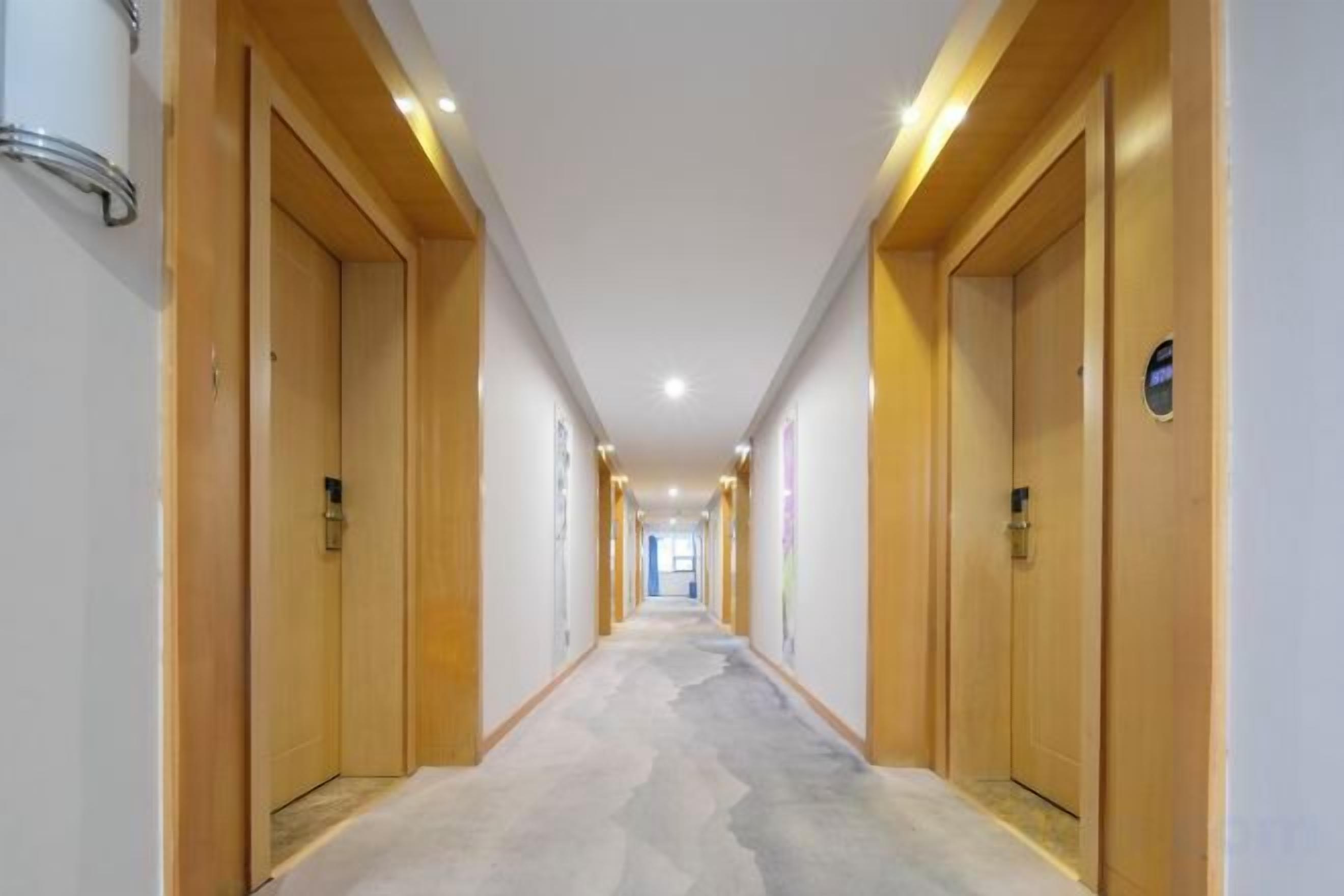 A hotel corridor with wooden doors, a carpeted floor, and overhead lighting.