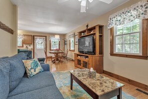 TV, fireplace, books