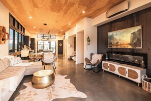 Smart TV, fireplace, books