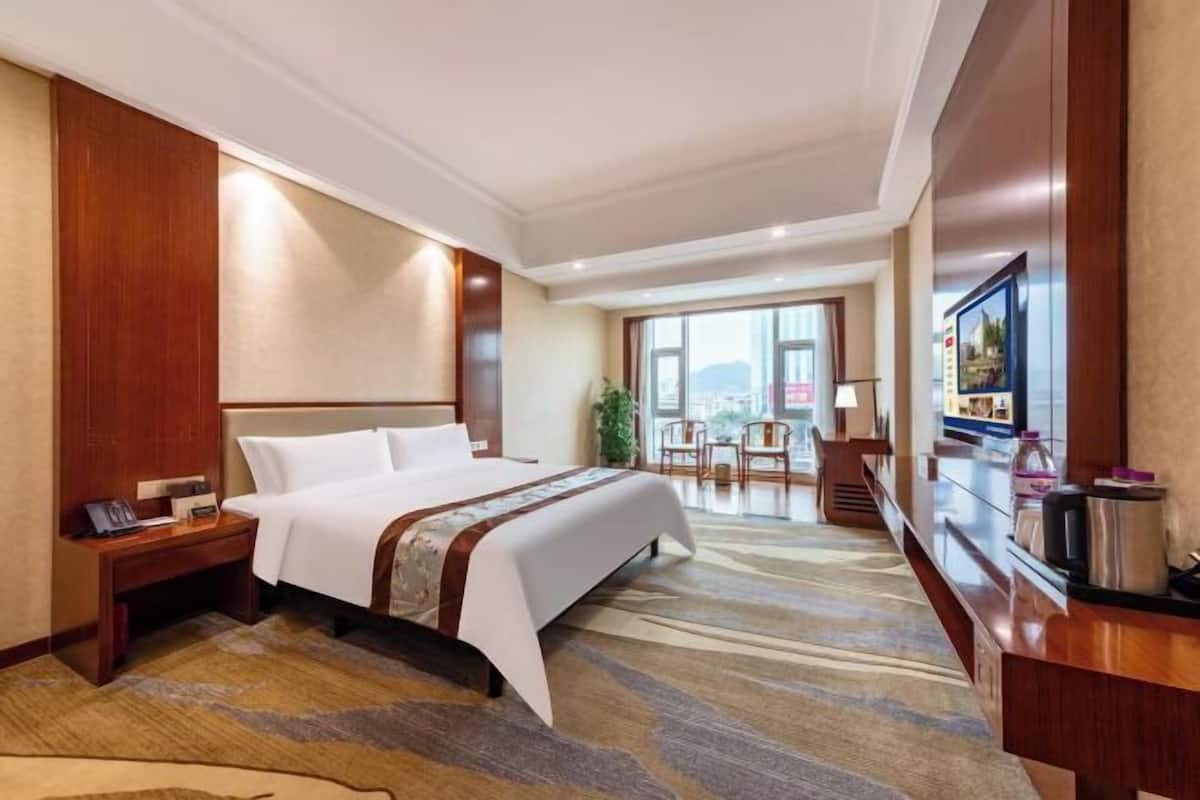 A hotel room with a large bed, a desk with a lamp, a television, and a view of the city.
