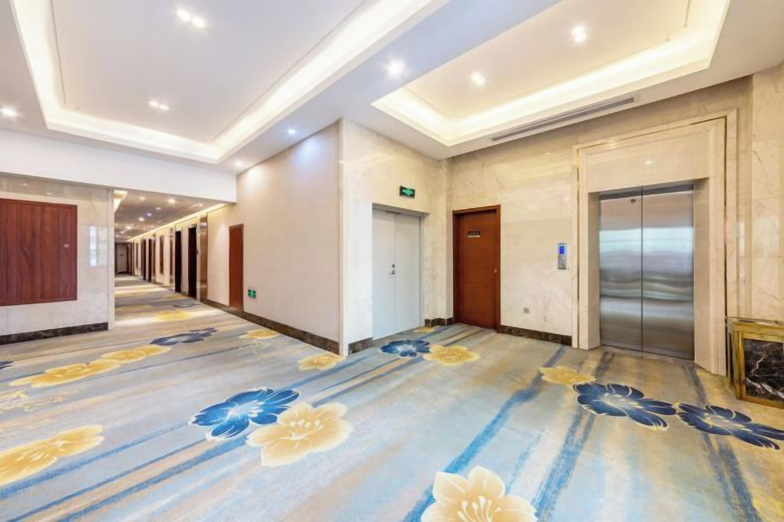 A hotel corridor with a carpeted floor, doors, and an elevator.
