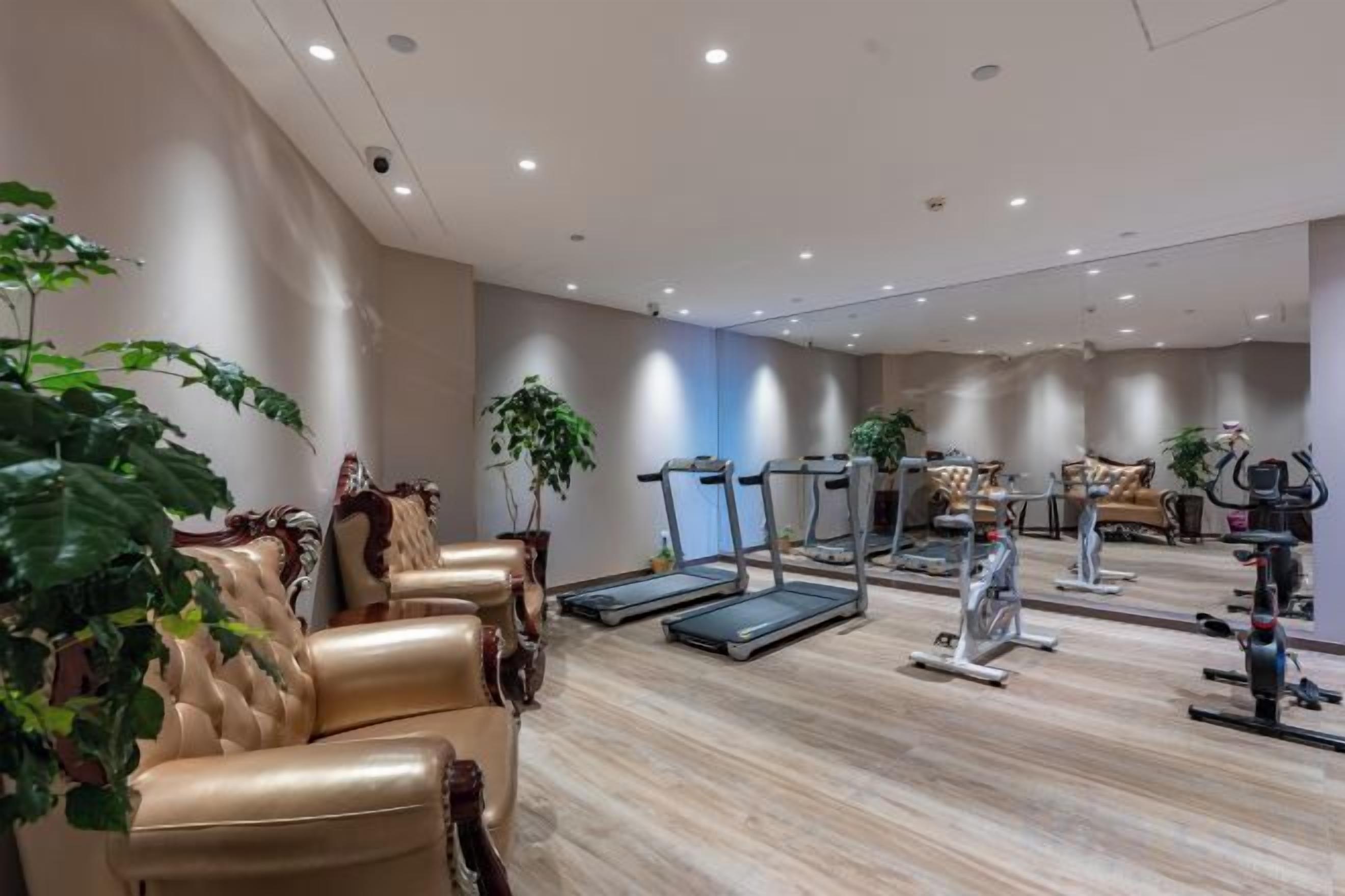 A gym with exercise equipment, seating areas, and potted plants.