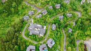 An aerial view of a residential area with winding roads and houses surrounded by dense greenery.