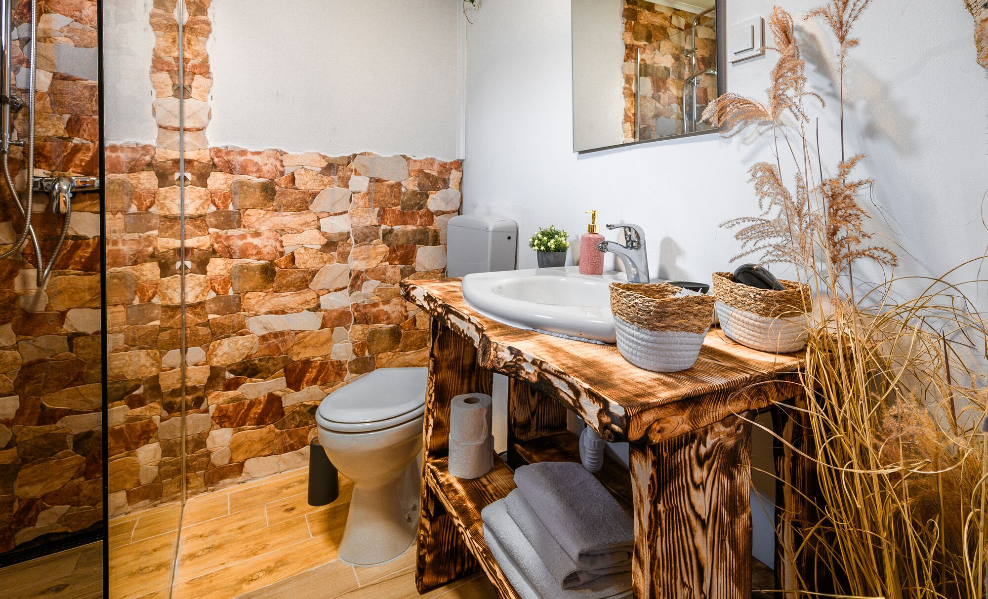 Hair dryer, towels, soap, shampoo